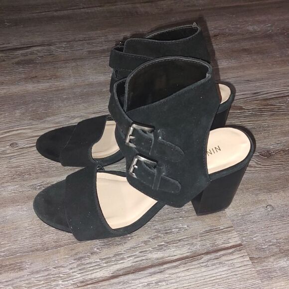 Nine West Gemina black  leather block heel strapped sandals Sz 6.5 - Picture 3 of 12